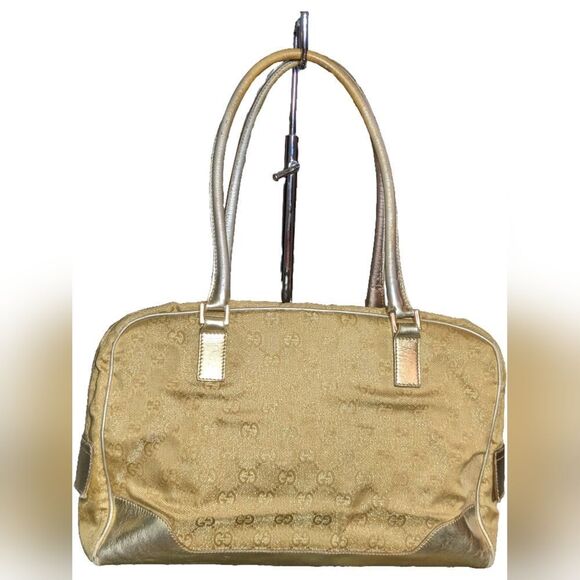 Gucci Logo Gold Metallic Canvas Handbag 002 1115 - Picture 13 of 16